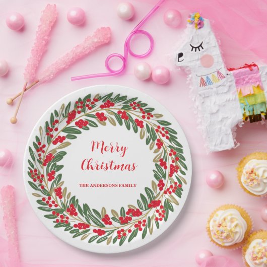 Elegant Red Wreath Holly Berries Christmas Green Pappteller (Party)