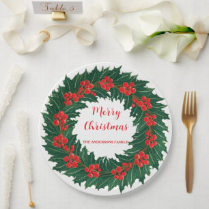 Elegant Red Wreath Holly Berries Christmas Green Pappteller