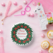 Elegant Red Wreath Holly Berries Christmas Green Pappteller (Party)