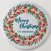 Elegant Red Wreath Holly Berries Gold Merry Xmas Button (Vorderseite)