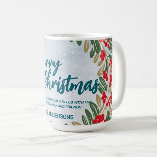 Elegant Red Wreath Holly Berries Gold Merry Xmas Kaffeetasse (VorderseiteRechts)