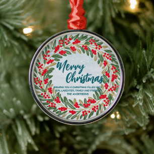 Elegant Red Wreath Holly Berries Gold Merry Xmas Ornament Aus Metall