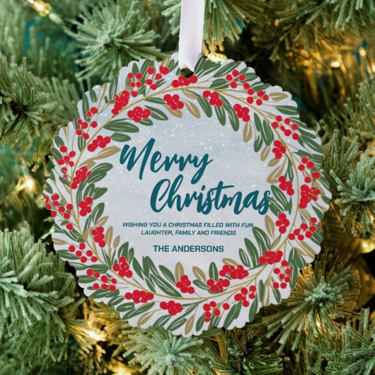 Elegant Red Wreath Holly Berries Gold Merry Xmas Ornament Karte (Insitu (Baum))