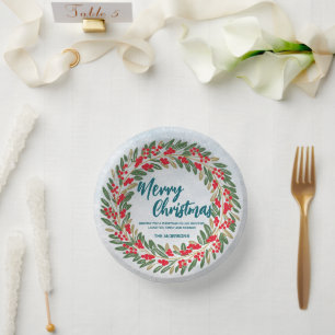 Elegant Red Wreath Holly Berries Gold Merry Xmas Pappteller