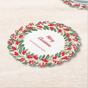 Elegant Red Wreath Holly Berries Gold Merry Xmas Untersetzer
