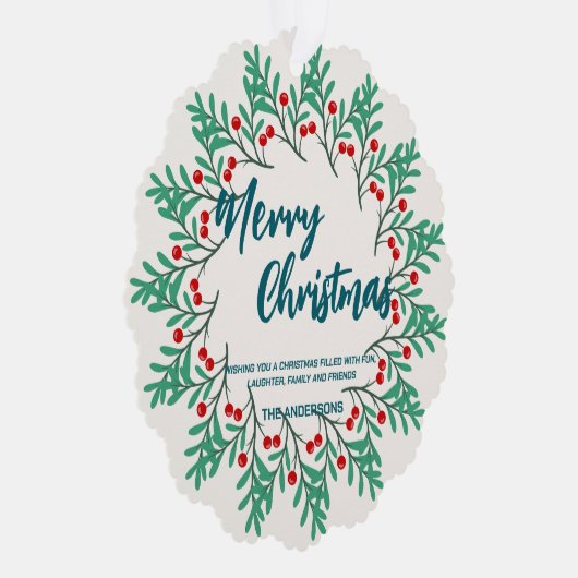 Elegant Red Wreath Holly Berries merry Xmas tree Ornament Karte (Rechts)