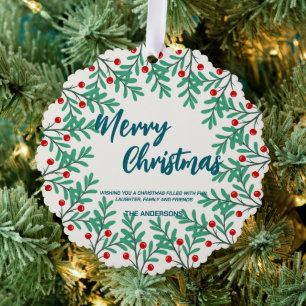 Elegant Red Wreath Holly Berries merry Xmas tree Ornament Karte