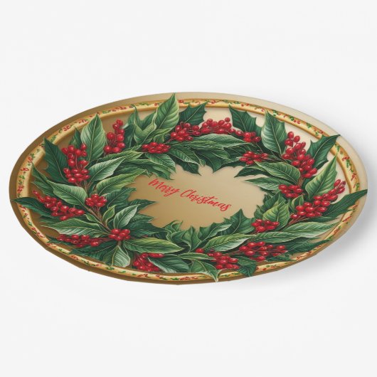 Elegant Red Wreath Holly Berries Weihnachten Gold Pappteller (Schrägansicht)