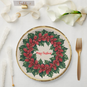 Elegant Red Wreath Holly Berries Weihnachten Gold Pappteller