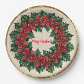 Elegant Red Wreath Holly Berries Weihnachten Gold Pappteller (Vorderseite)