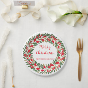Elegant Red Wreath Holly Berries Weihnachts-Gold Pappteller