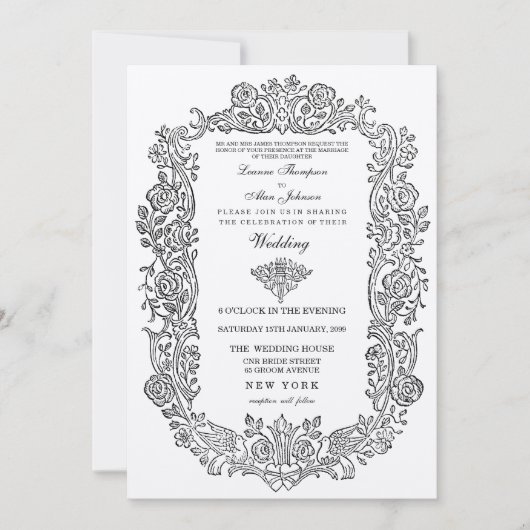 Elegant Regal Mairytale Birds Border Wedding Invit Einladung (Vorderseite)