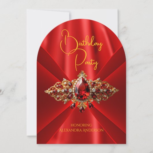 Elegant Regal Red Birthday Gold Jewel Imitats Seid Einladung (Vorderseite)