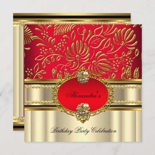 Elegant Regal Red Cream Gold Damask Geburtstag Einladung (Vorne/Hinten)