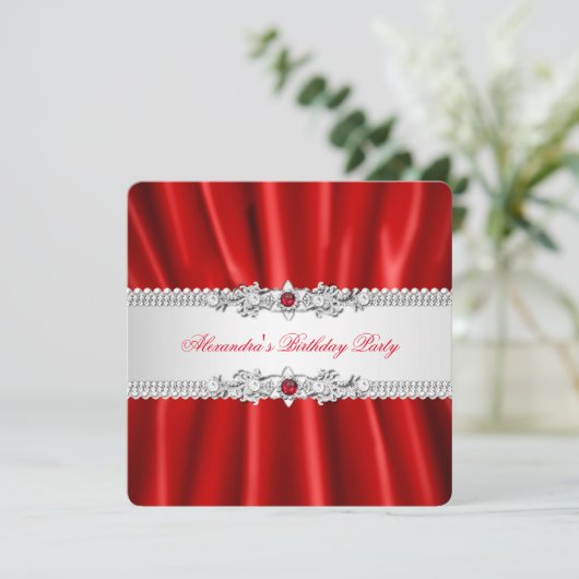 Elegant Regal Red Pearl Diamond Party Einladung (Stehend Vorderseite)