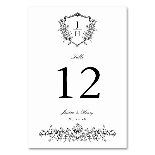 Elegant Regency Floral Wappen Monogram Wedding Tischnummer (Rückseite)