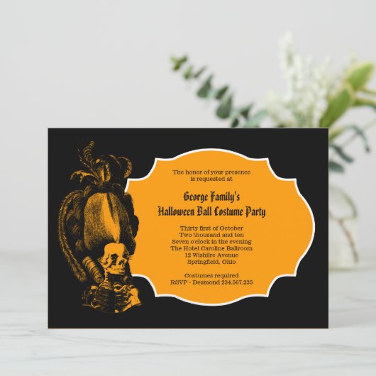 Elegant Regency Style Skeleton Halloween Grand Ba Einladung (Stehend Vorderseite)