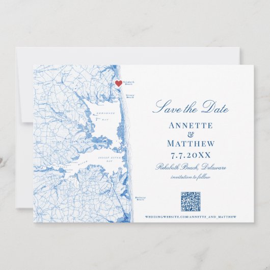 Elegant RehoBeide Beach Map Navy Hochzeit Save The Date (Vorderseite)