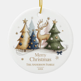 Elegant Reindeer and Christmas Trees Keramik Ornament