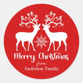 Elegant Reindeers Frohe Weihnachtsfamilie Name Red Runder Aufkleber