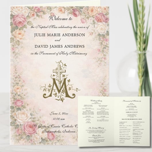 Elegant Religious Catholic Wedding Mass Program Karte