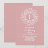 Elegant Religious Pink Cross Girl Christening Einladung (Vorne/Hinten)