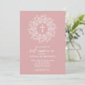 Elegant Religious Pink Cross Girl First Communion Einladung (Stehend Vorderseite)