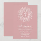 Elegant Religious Pink Cross Girl First Communion Einladung (Vorne/Hinten)