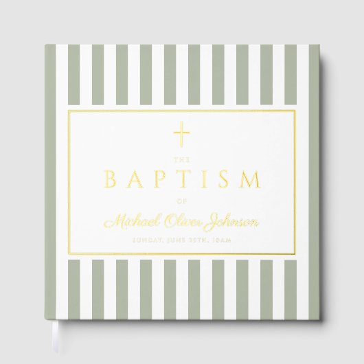 Elegant Religious Sage Green Stripes Baptism Gästebuch (Vorderseite)