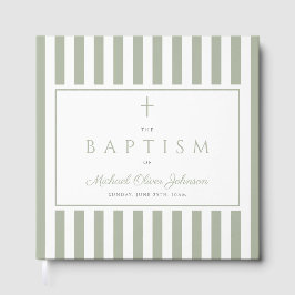 Elegant Religious Sage Green Stripes Baptism Gästebuch