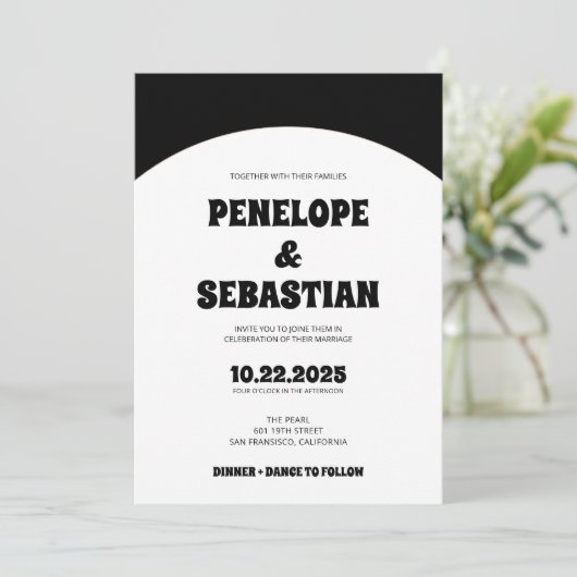 Elegant Retro Black & White Groovy Trendy Wedding Einladung (Stehend Vorderseite)