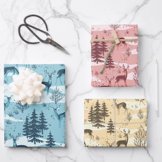 Elegant Retro Blue Red Beige Woodland Deer Geschenkpapier Set (Vorderseite)