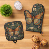 Elegant retro boho butterfly botanical greenery ofenhandschuh & Topflappen-Set (Oben Unten)