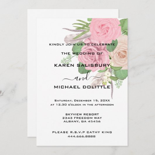 Elegant Retro Boho Floral Pink Bouquet Wedding Einladung (Vorne/Hinten)