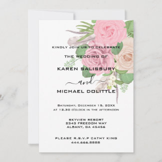 Elegant Retro Boho Floral Pink Bouquet Wedding Einladung