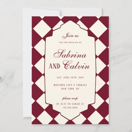 Elegant Retro Checkered Burgundy Wedding Einladung (Vorderseite)