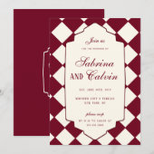 Elegant Retro Checkered Burgundy Wedding Einladung (Vorne/Hinten)