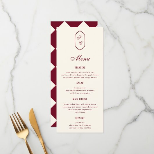 Elegant Retro Checkered Burgundy Wedding Menükarte (Vorderseite/Rückseite Beispiel)