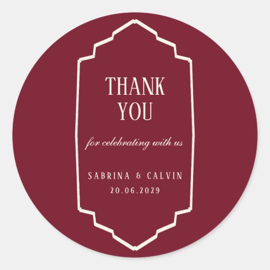 Elegant Retro Checkered Burgundy Wedding Runder Aufkleber (Vorderseite)