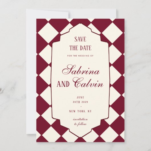 Elegant Retro Checkered Burgundy Wedding Save The Date (Vorderseite)