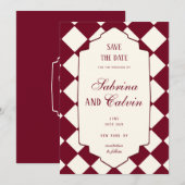 Elegant Retro Checkered Burgundy Wedding Save The Date (Vorne/Hinten)