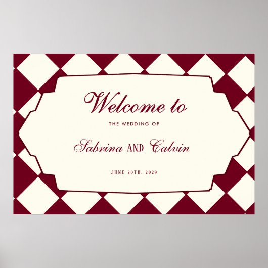 Elegant Retro Checkered Burgundy Wedding Welcome Poster (Vorne)