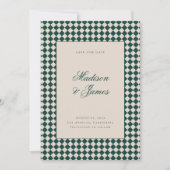 Elegant Retro Checkered Green Beige Wedding Save The Date (Vorderseite)