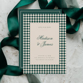 Elegant Retro Checkered Green Beige Wedding Save The Date