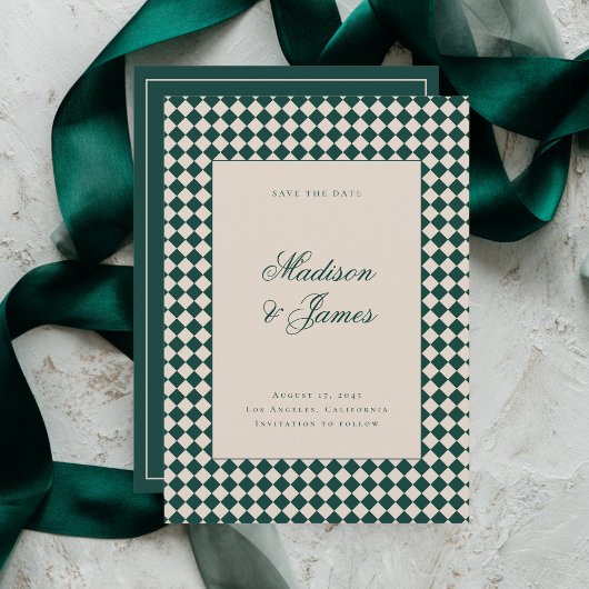 Elegant Retro Checkered Green Beige Wedding Save The Date