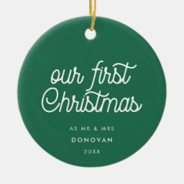 Elegant Retro Green Unser erstes Weihnachtsfest-Fo Keramik Ornament
