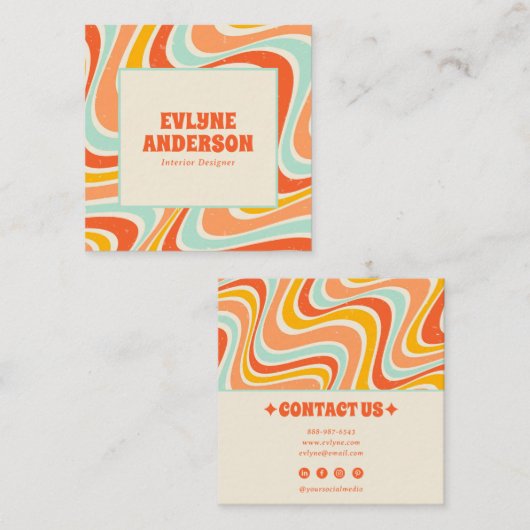 Elegant Retro Orange Blue Grunge Boho Chic Groovy Quadratische Visitenkarte (Vorne/Hinten)