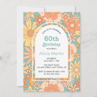 Elegant Retro Orange Peach Flora 60. Geburtstag Einladung