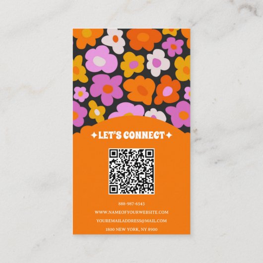 Elegant Retro Orange QR Code Boho Groovy Floral Visitenkarte (Rückseite)