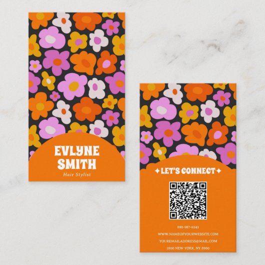 Elegant Retro Orange QR Code Boho Groovy Floral Visitenkarte (Vorne/Hinten)